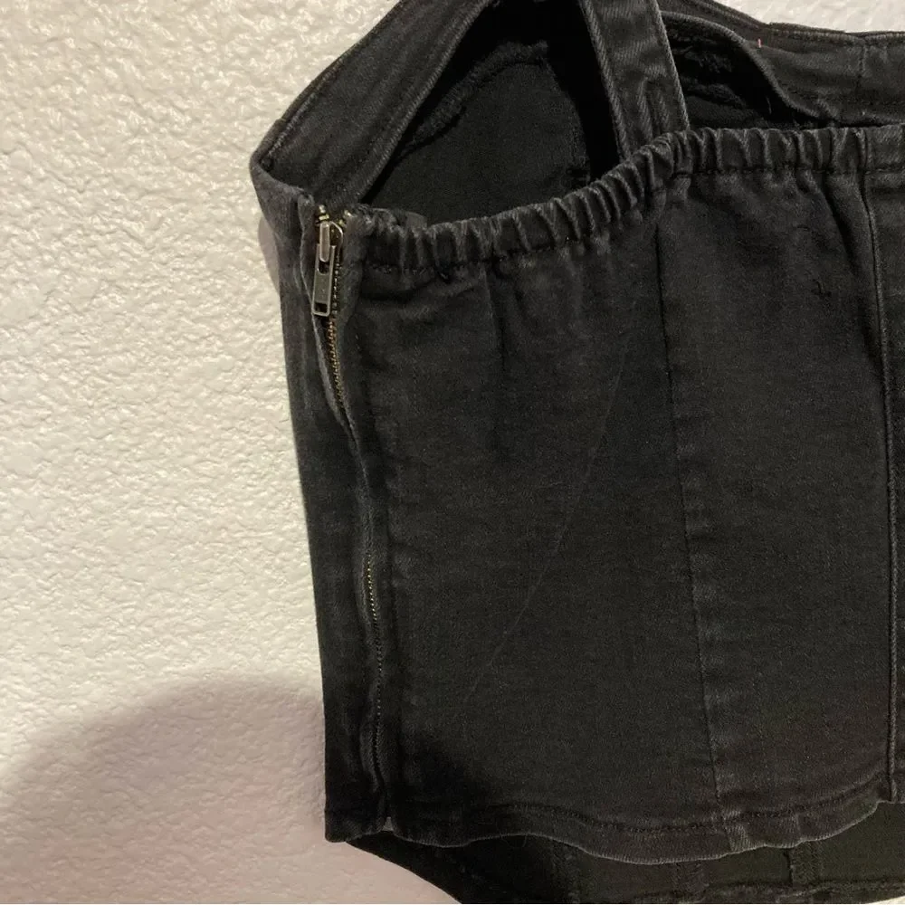 Oat New York Black Denim Bustier Crop Top Small
